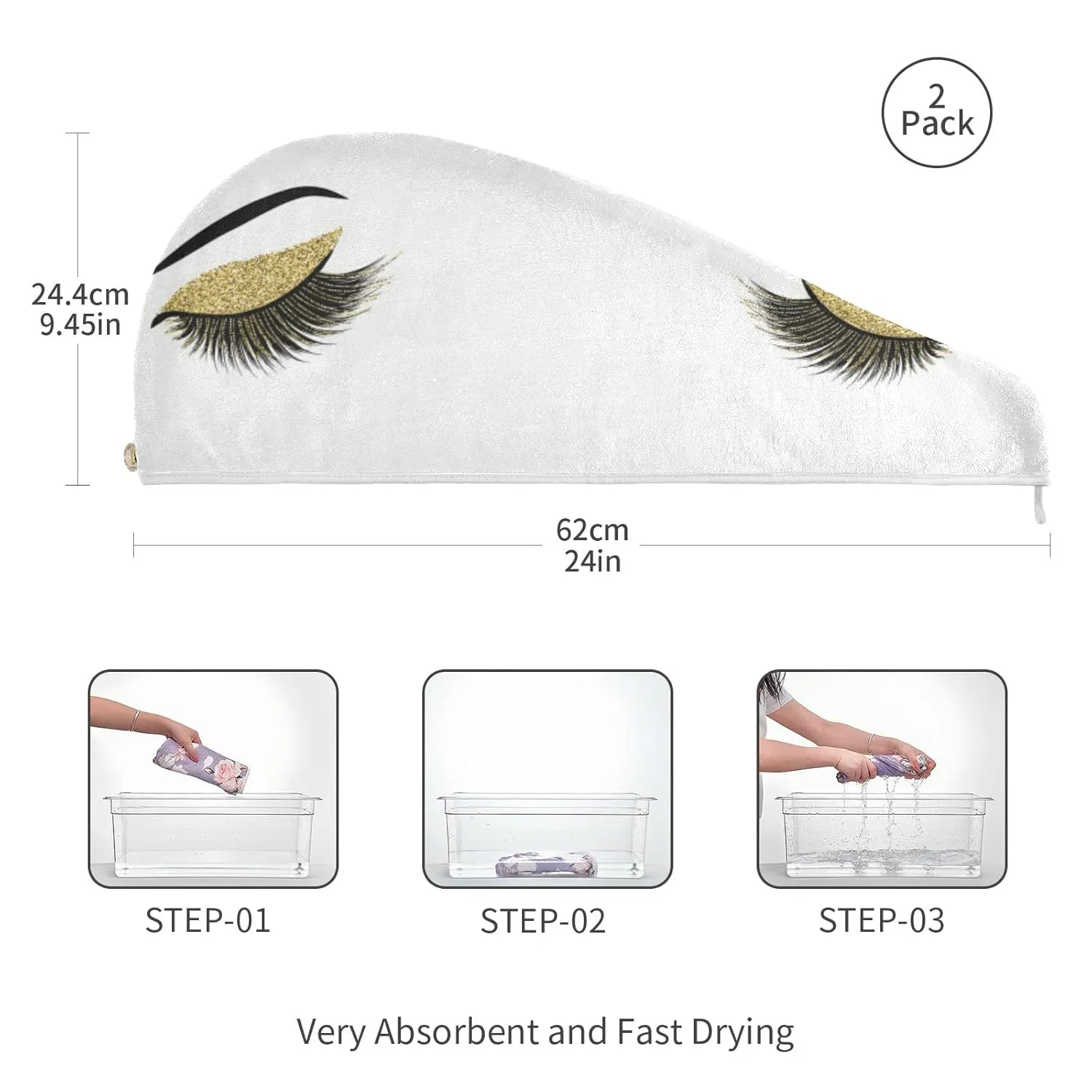 Gold Golden Glittering Eyelash Isolated on White 2 Packs Hair Towel Wrap, Absorbent Turban Bath Hair Towel Hat, Quick Drying Hair Towel with Button for Curly, Long, Thick Hair