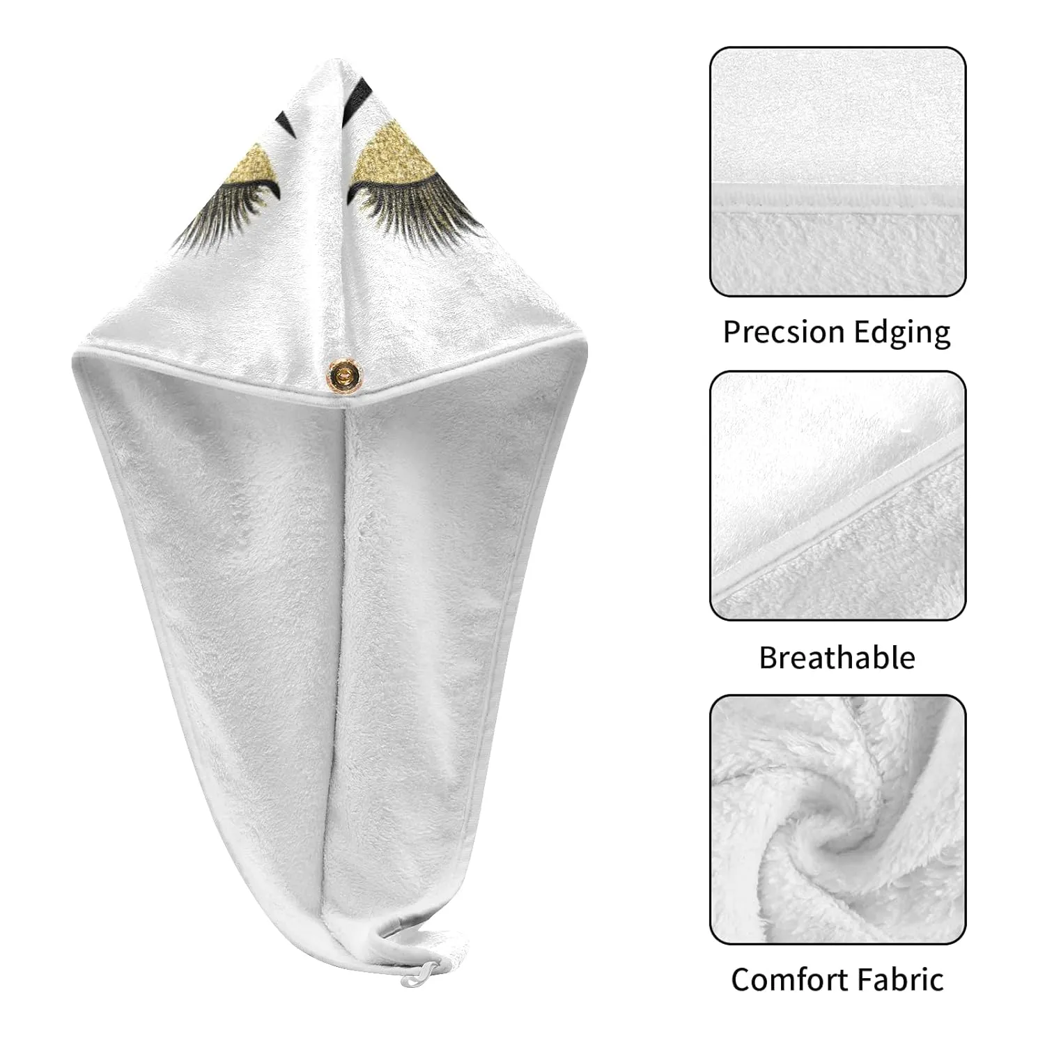 Gold Golden Glittering Eyelash Isolated on White 2 Packs Hair Towel Wrap, Absorbent Turban Bath Hair Towel Hat, Quick Drying Hair Towel with Button for Curly, Long, Thick Hair
