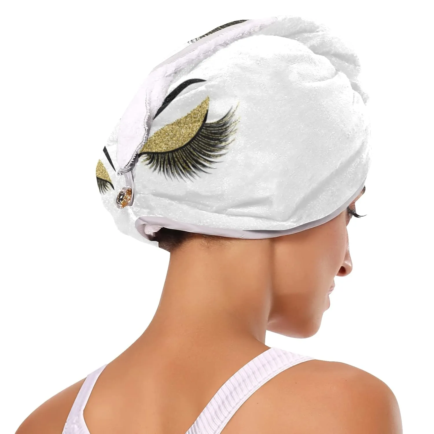 Gold Golden Glittering Eyelash Isolated on White 2 Packs Hair Towel Wrap, Absorbent Turban Bath Hair Towel Hat, Quick Drying Hair Towel with Button for Curly, Long, Thick Hair