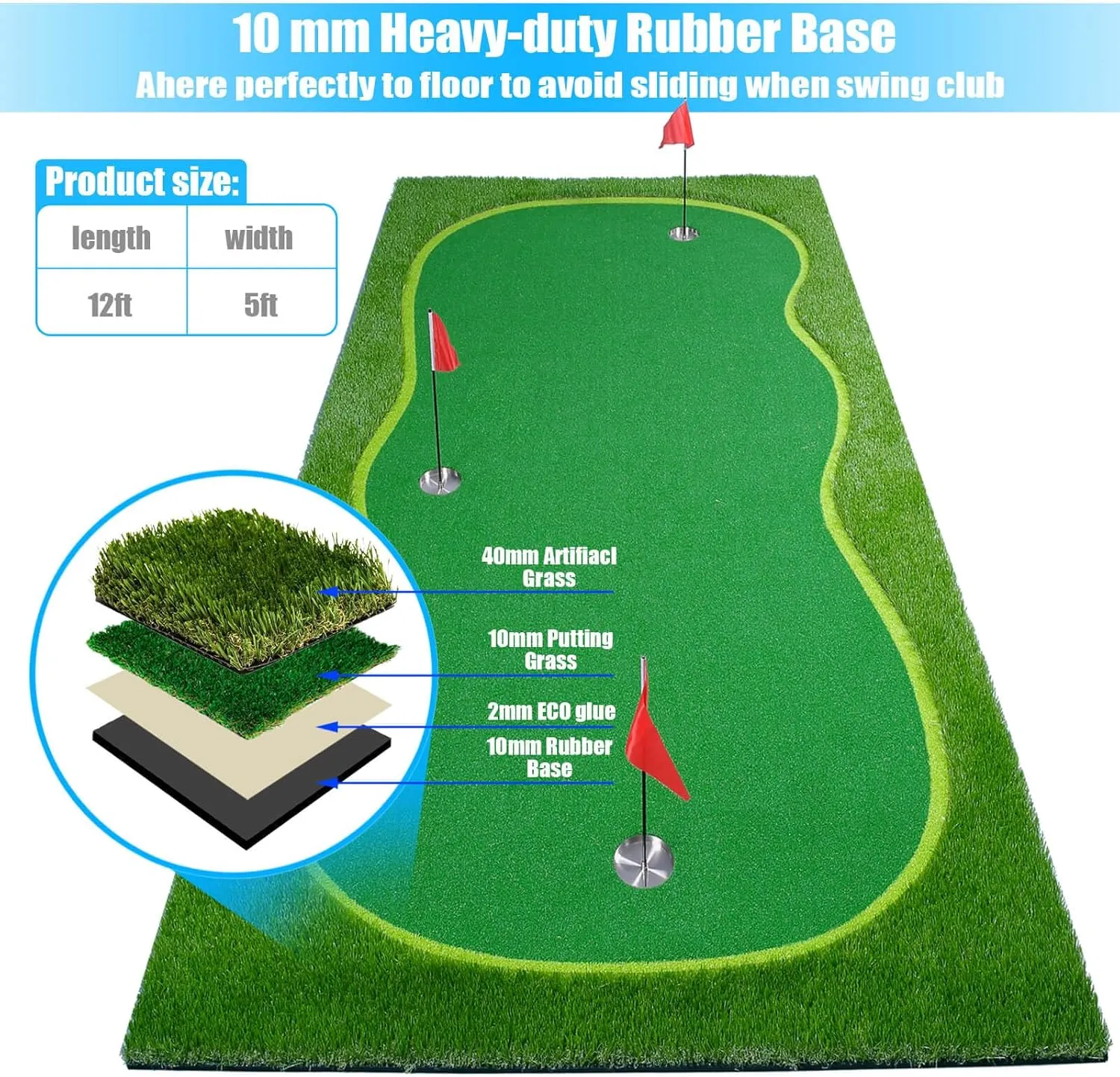 Golf Putting Green/Mat-Golf Training Mat- Professional Golf Practice Mat- Green Long Challenging Putter for Indoor/Outdoor