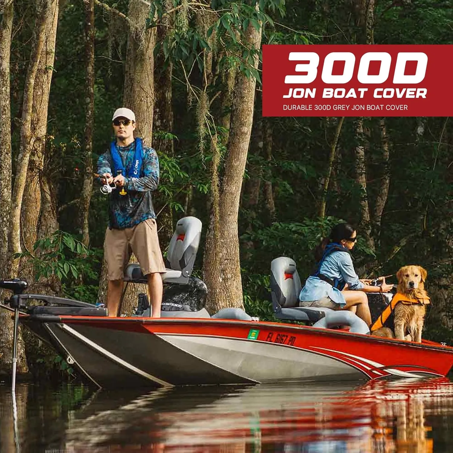 GOODSMANN Jon Boat Cover Waterproof Heavy Duty Marine Grade UV Resistant Trailerable Boat Cover with Adjustable Straps Gray Fits 14ft Length Beam Width to 70'' for Jon Boat