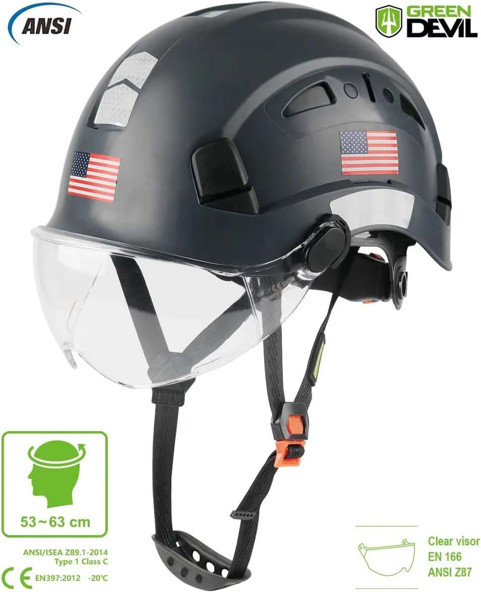 GREEN DEVIL Safety Helmet Hard Hat with Visor Chinstrap Adjustable Lightweight Vented ABS Work Helmet for Men and Women 6-Point Suspension ANSI Z89.1 Approved Ideal for Industrial & Construction