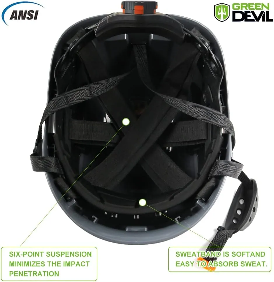 GREEN DEVIL Safety Helmet Hard Hat with Visor Chinstrap Adjustable Lightweight Vented ABS Work Helmet for Men and Women 6-Point Suspension ANSI Z89.1 Approved Ideal for Industrial & Construction