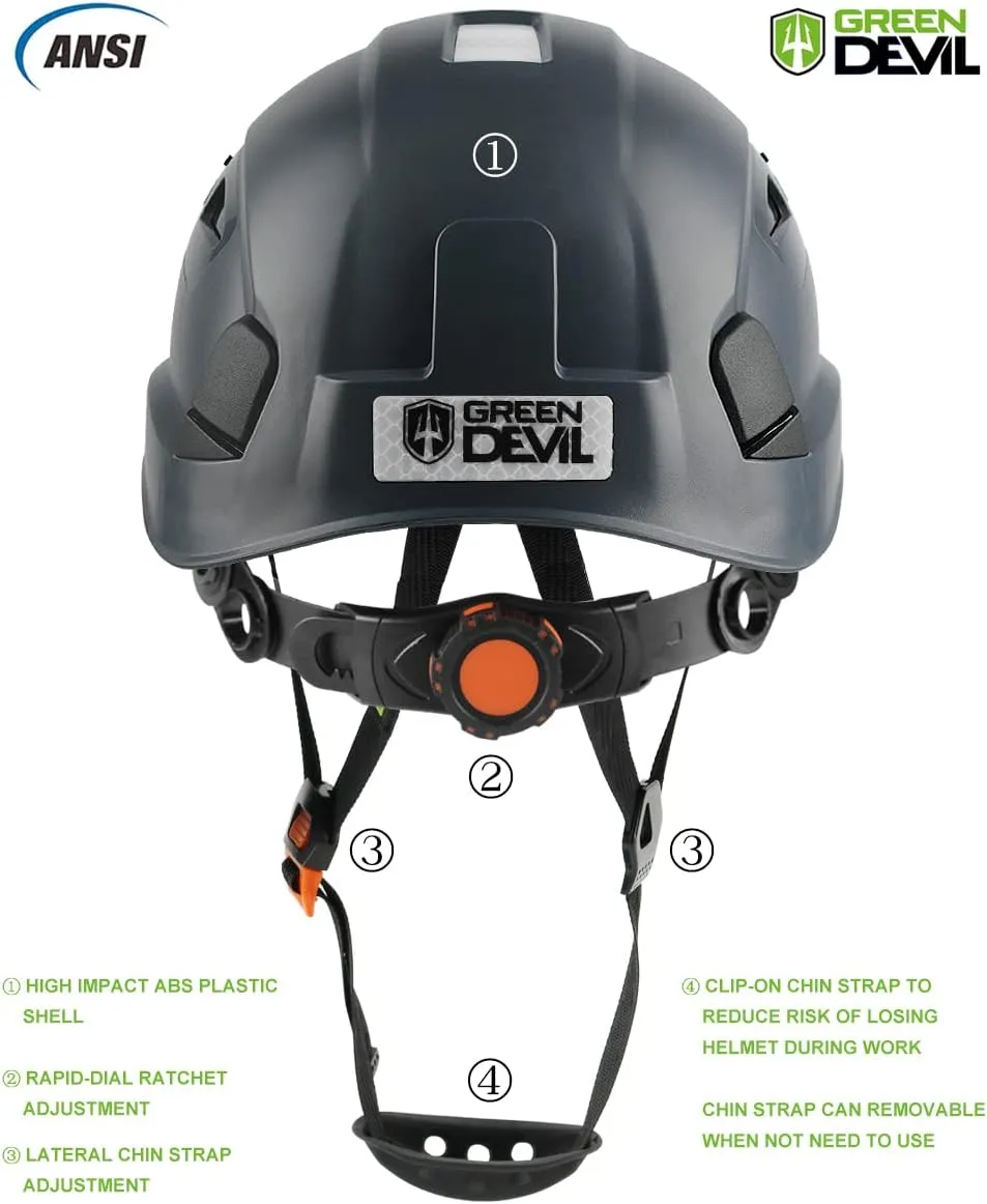 GREEN DEVIL Safety Helmet Hard Hat with Visor Chinstrap Adjustable Lightweight Vented ABS Work Helmet for Men and Women 6-Point Suspension ANSI Z89.1 Approved Ideal for Industrial & Construction