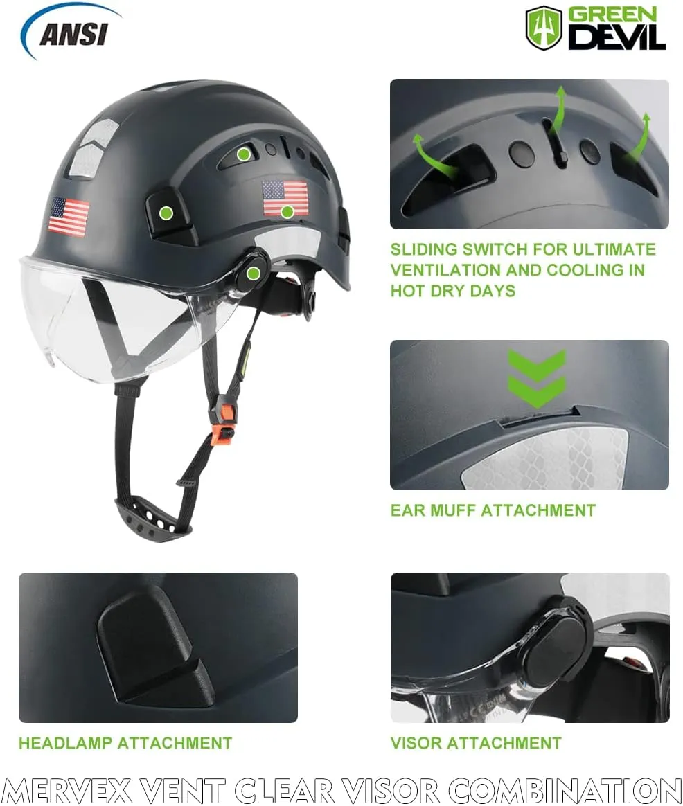 GREEN DEVIL Safety Helmet Hard Hat with Visor Chinstrap Adjustable Lightweight Vented ABS Work Helmet for Men and Women 6-Point Suspension ANSI Z89.1 Approved Ideal for Industrial & Construction