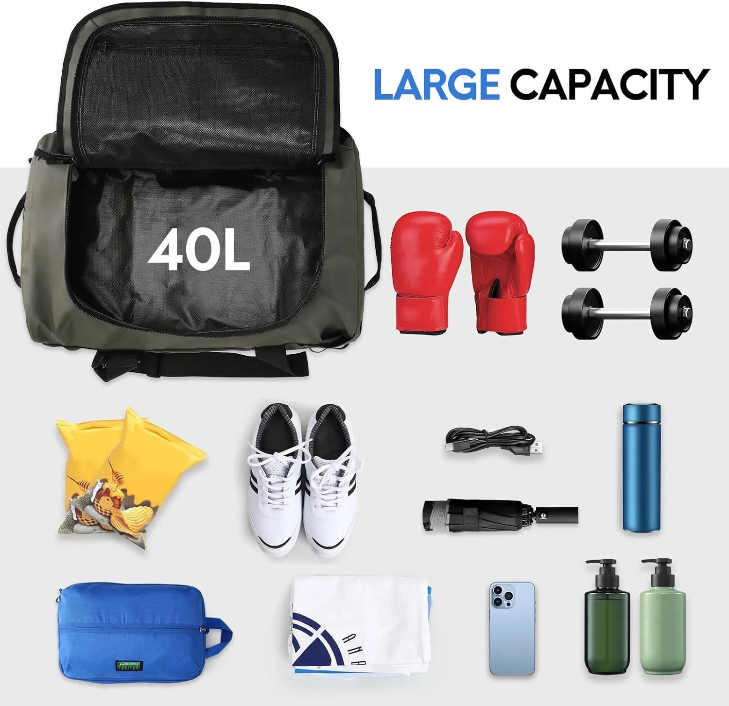 Haimont 40L Duffle Backpack, Gym Duffel Bag with Backpack Straps for Men Women, Carry on Bags for Travel, Airplane, Water Resistant, 40L, Army Green