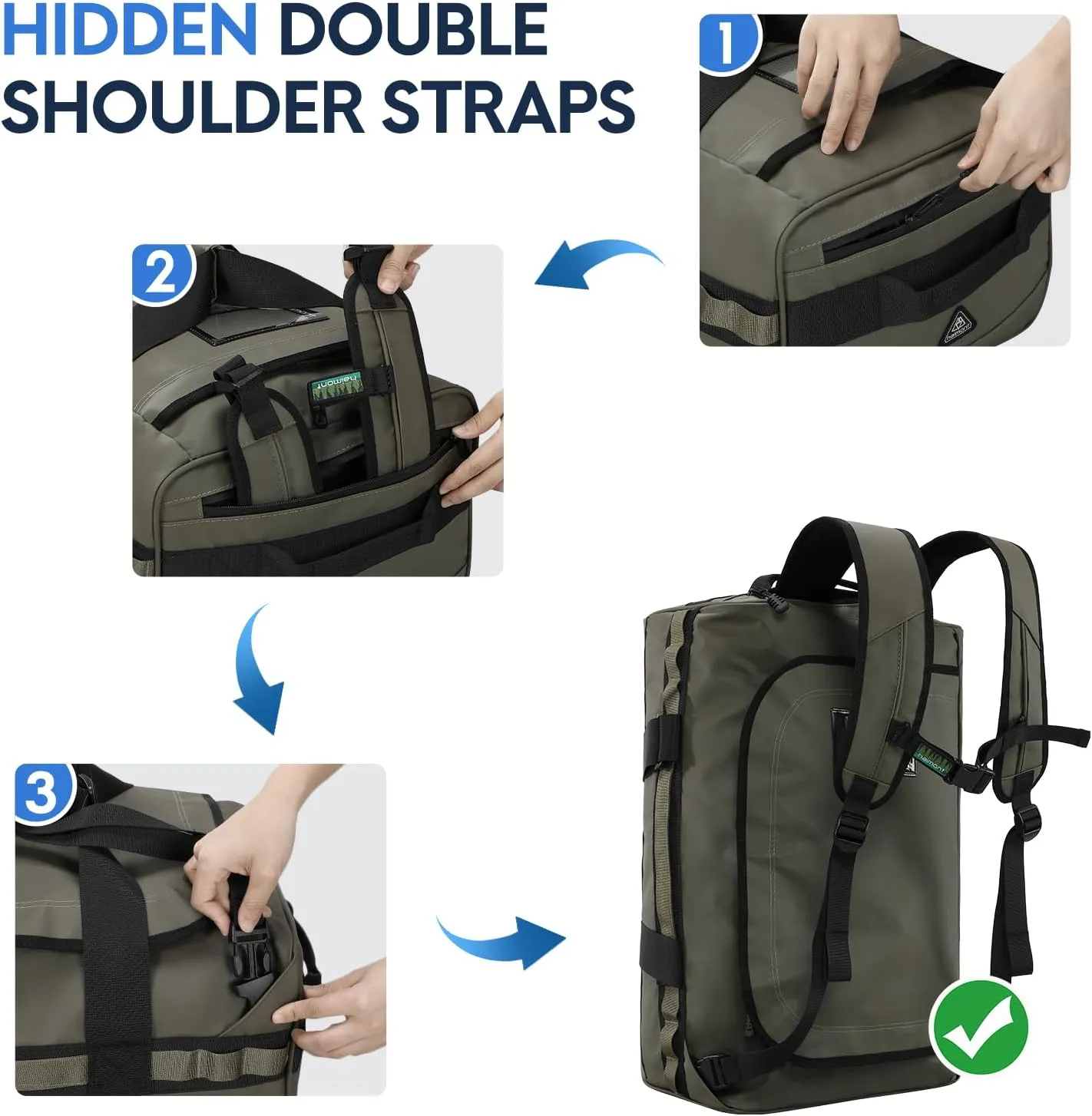 Haimont 40L Duffle Backpack, Gym Duffel Bag with Backpack Straps for Men Women, Carry on Bags for Travel, Airplane, Water Resistant, 40L, Army Green