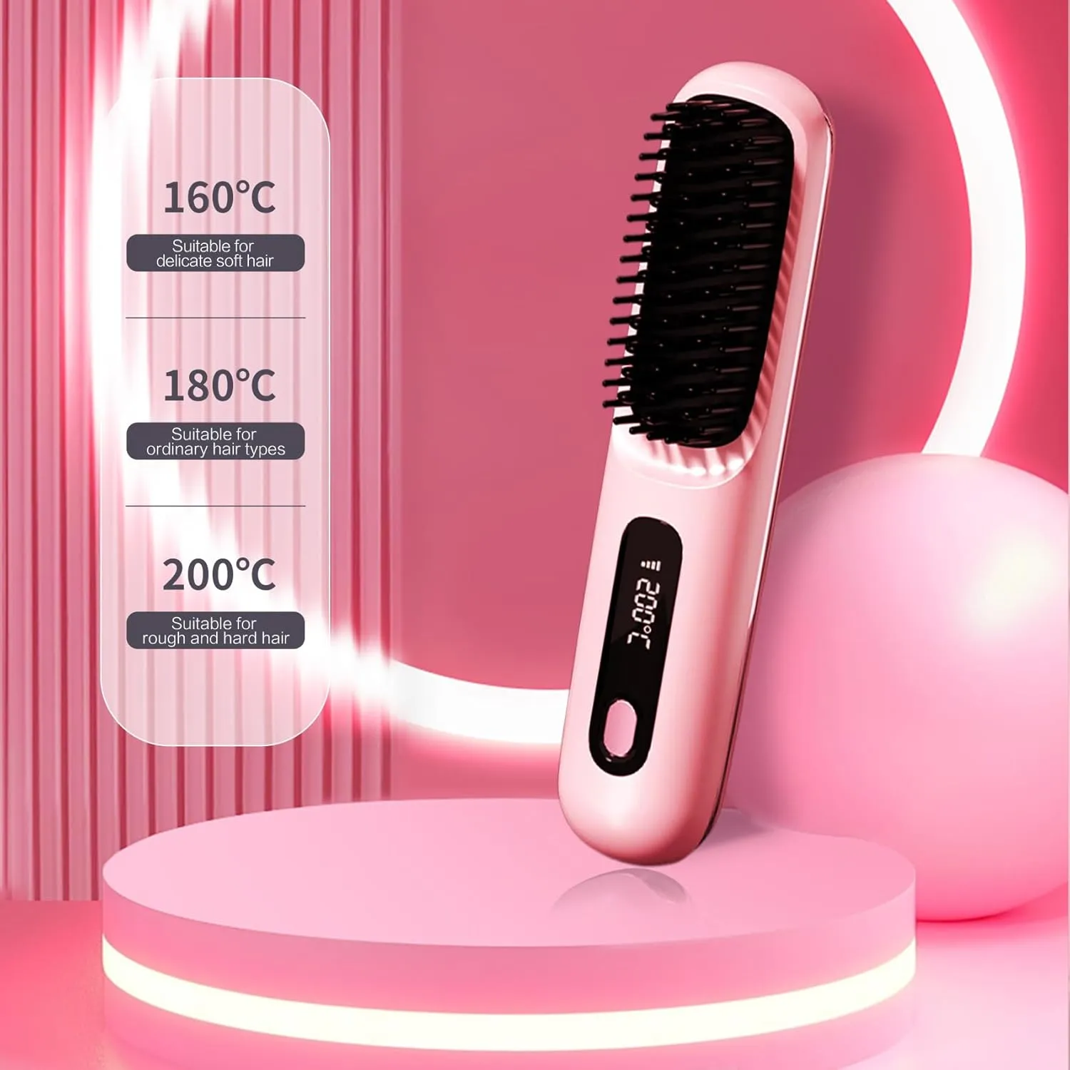 Hair Straightener Brush - Bomvabe Fast Heating Straightening Brush for Women with Dense Bristles, 4 Temperature Settings, LCD Display, Professional Flat Iron Comb for Smooth, Frizz-Free Hair (Pink)
