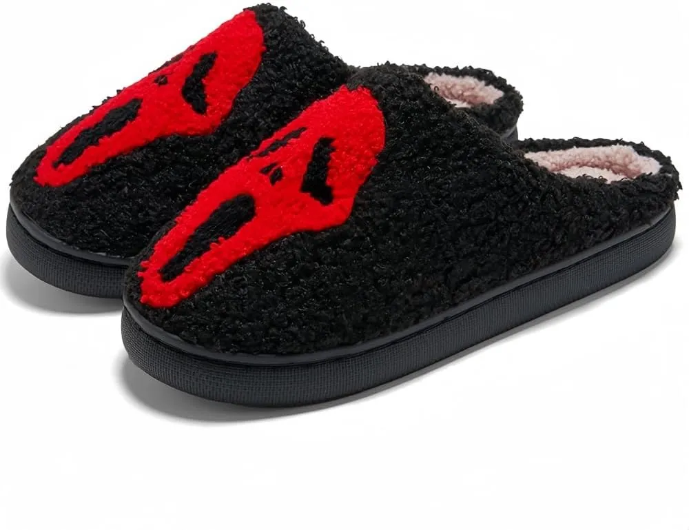 Halloween Slippers for Women Retro Soft Cozy Comfy Plush Lightweight Ghost Face Slip-on Indoor Outdoor Scream Slip on Anti-Skid Sole Christmas House Shoes