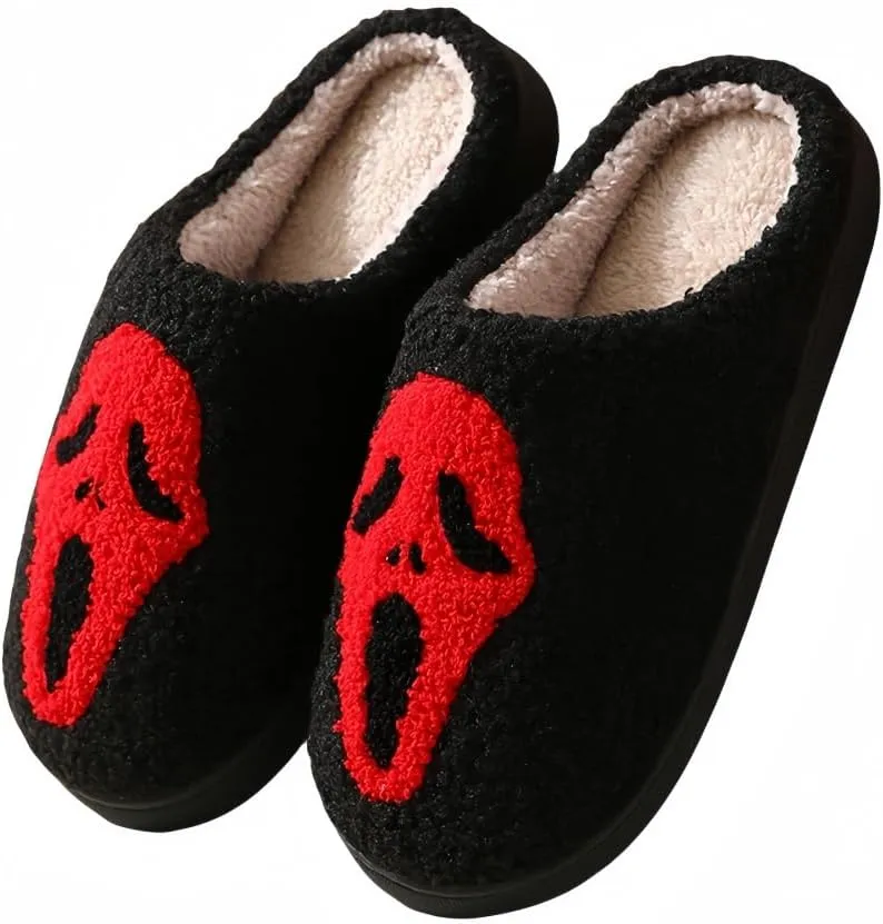 Halloween Slippers for Women Retro Soft Cozy Comfy Plush Lightweight Ghost Face Slip-on Indoor Outdoor Scream Slip on Anti-Skid Sole Christmas House Shoes