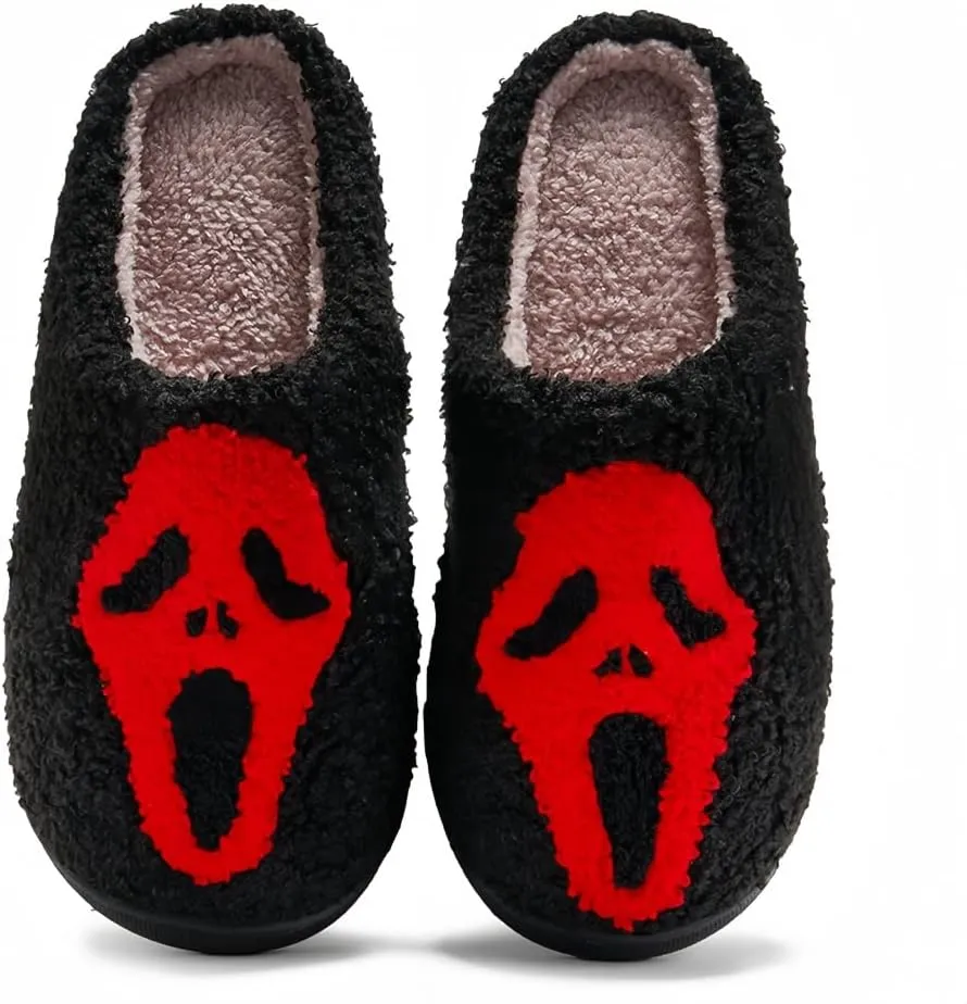 Halloween Slippers for Women Retro Soft Cozy Comfy Plush Lightweight Ghost Face Slip-on Indoor Outdoor Scream Slip on Anti-Skid Sole Christmas House Shoes