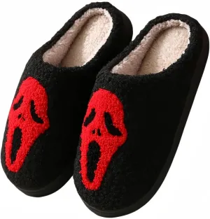 Halloween Slippers for Women Retro Soft Cozy Comfy Plush Lightweight Ghost Face Slip-on Indoor Outdoor Scream Slip on Anti-Skid Sole Christmas House Shoes