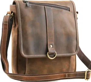 Handmade World Full Grain Hunter Buffalo Leather 10 Inch Tablet Messenger Bags 'The NobleEra' Shoulder Crossbody Flap Satchel Bag For Travel Work Business, Brown
