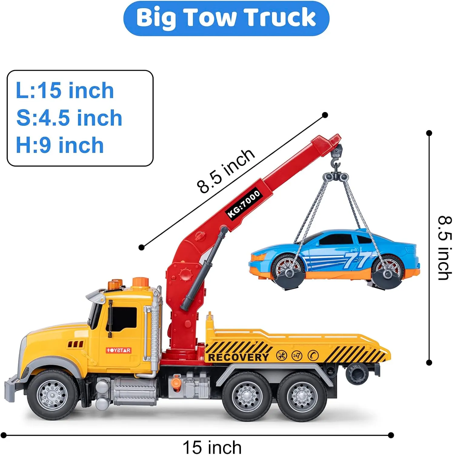 haomsj Big Tow Trucks Toy Trucks with Hook and Car for Boys Pull Back Truck Toys with Light and Sound for Kids (1:18 Plastic Tow Truck)