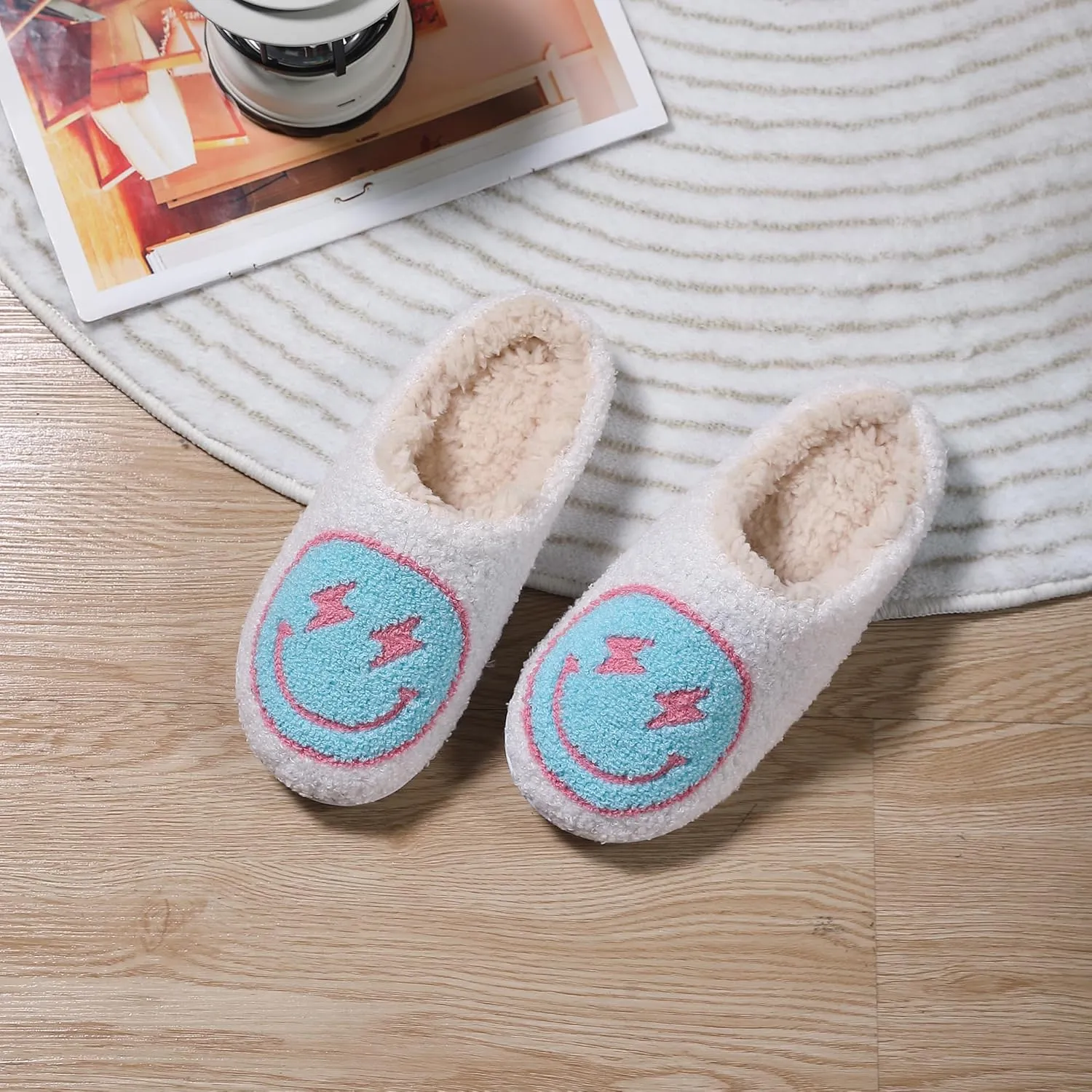 Happy Face Slippers for Women Soft Plush Lightweight Slip-On Slippers House Slippers for Indoor