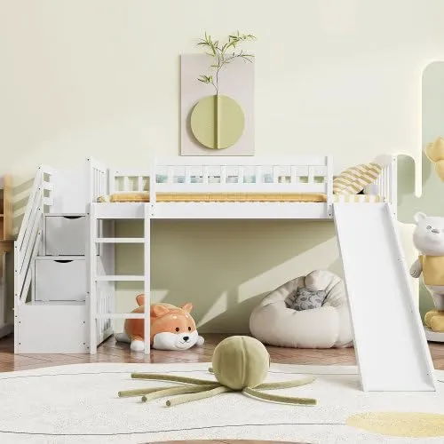 Harper & Bright Designs Kids Loft Bed with Slide and Storage Stairs, Twin Size Wooden Loft Bed with Built-in Ladder, White