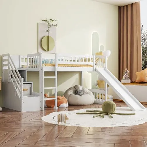 Harper & Bright Designs Kids Loft Bed with Slide and Storage Stairs, Twin Size Wooden Loft Bed with Built-in Ladder, White
