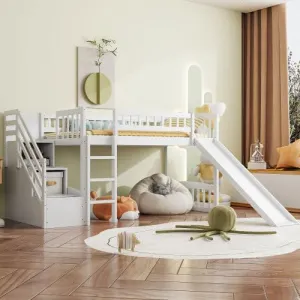 Harper & Bright Designs Kids Loft Bed with Slide and Storage Stairs, Twin Size Wooden Loft Bed with Built-in Ladder, White