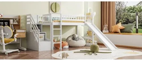 Harper & Bright Designs Kids Loft Bed with Slide and Storage Stairs, Twin Size Wooden Loft Bed with Built-in Ladder, White