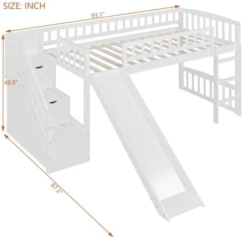 Harper & Bright Designs Kids Loft Bed with Slide and Storage Stairs, Twin Size Wooden Loft Bed with Built-in Ladder, White