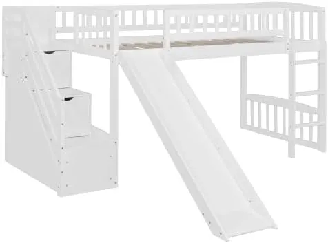 Harper & Bright Designs Kids Loft Bed with Slide and Storage Stairs, Twin Size Wooden Loft Bed with Built-in Ladder, White