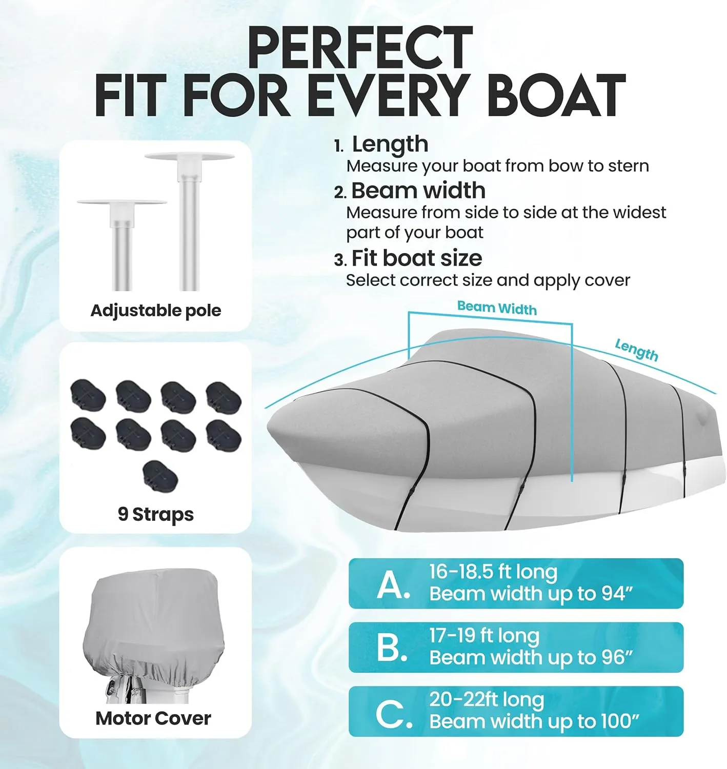 Heavy Duty Boat Cover 16ft - 18.5ft | Adjustable Support Pole | Trailerable Boat Cover | Water Resistant | UV Protection | Fits Beam Width up to 94" | Gray