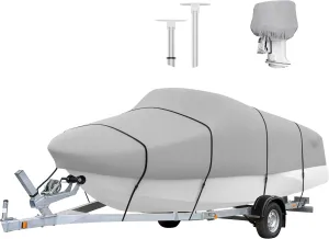 Heavy Duty Boat Cover 16ft - 18.5ft | Adjustable Support Pole | Trailerable Boat Cover | Water Resistant | UV Protection | Fits Beam Width up to 94" | Gray