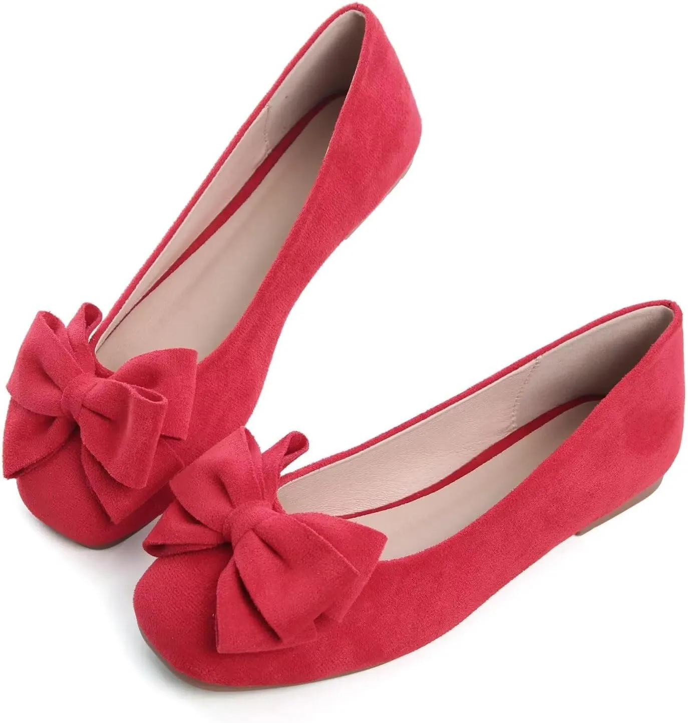 Hee grand Bow-Knot Ballet Flats Womens Square Toe Flat Shoes Suede Dress Shoes Casual Light Weight Slip-On Loafers