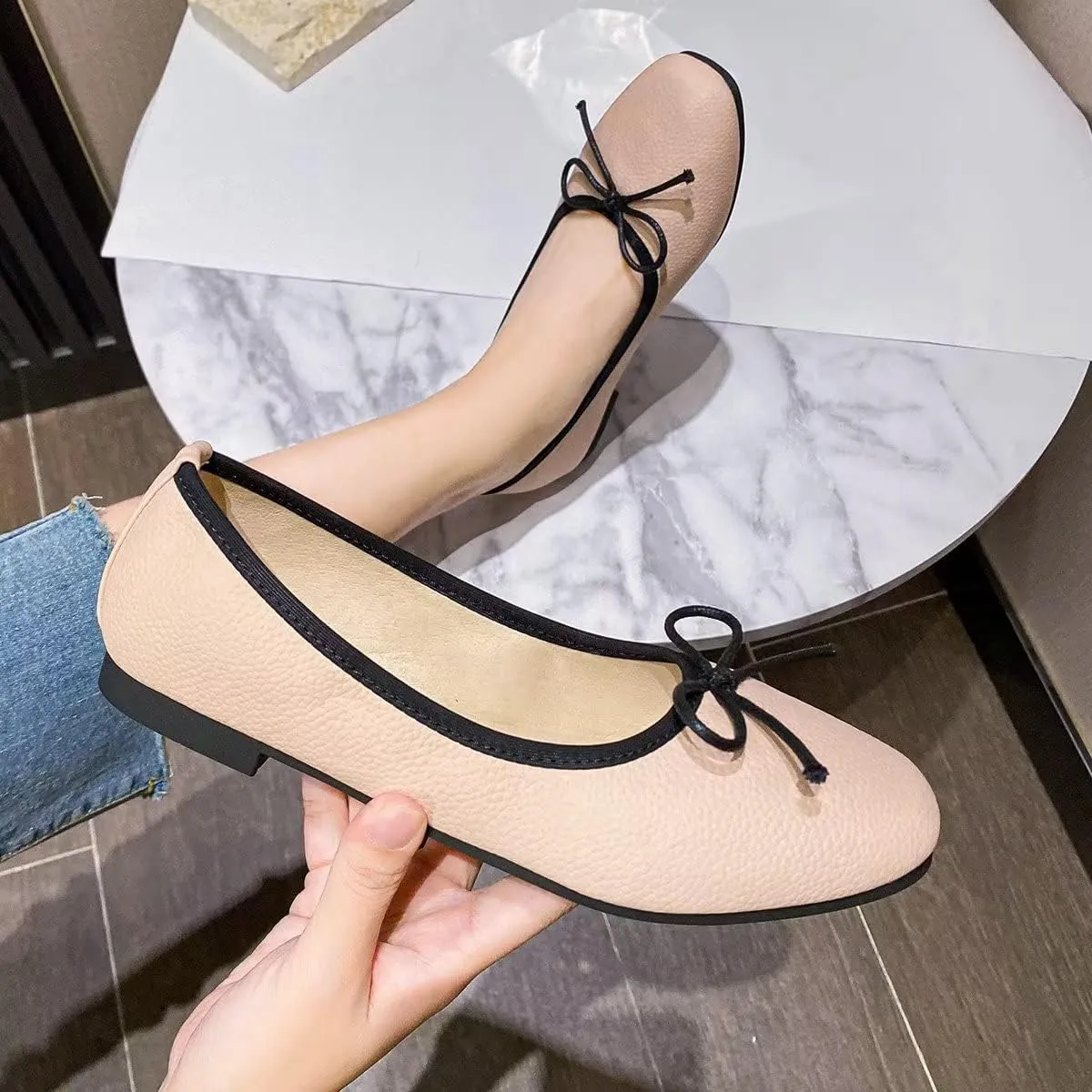 Hee grand Women Square Toe Cute Bow-Knot Ballet Shoes Solid Slip-On Flats Comfort Work Shoes Light Weight Loafers