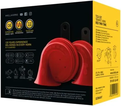 HELLA 007424801 Twin Trumpet High/Low Tone 12V Horn Kit with Bracket, Red