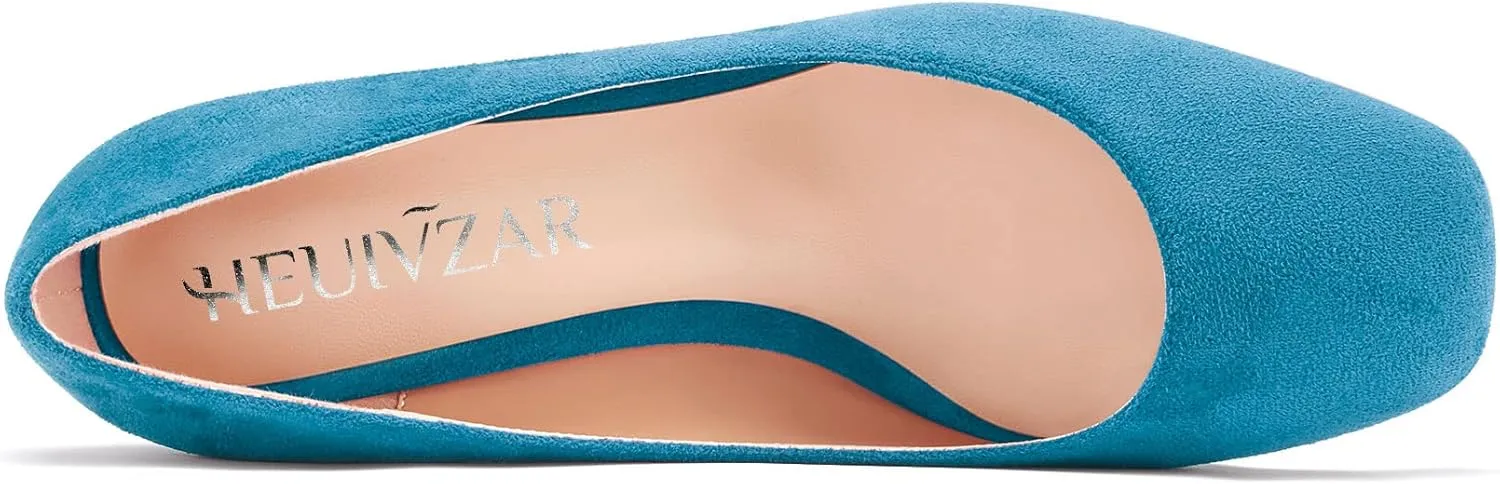 HEUIVZAR Pumps for Women Slip-on Closed Square Toe Block Chunky Wedge Low Heel Pumps Suede Shopping Vacation Classic 2 Inch