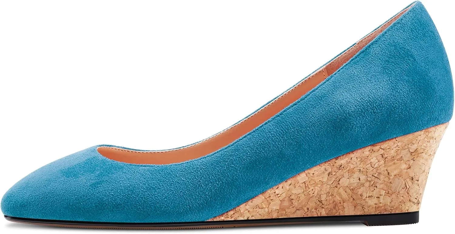HEUIVZAR Pumps for Women Slip-on Closed Square Toe Block Chunky Wedge Low Heel Pumps Suede Shopping Vacation Classic 2 Inch