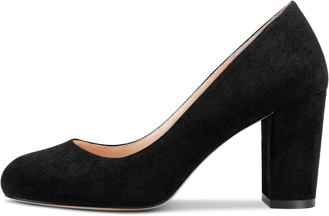 HEUIVZAR Women Pumps Round Toe Block Chunky Mid Heel Slip-on Dress Shoes Suede 3 Inch