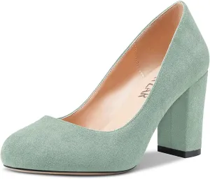 HEUIVZAR Women Pumps Round Toe Block Chunky Mid Heel Slip-on Dress Shoes Suede 3 Inch