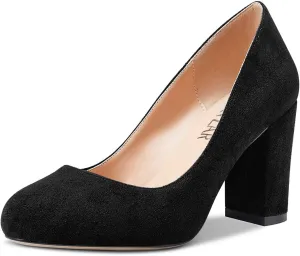 HEUIVZAR Women Pumps Round Toe Block Chunky Mid Heel Slip-on Dress Shoes Suede 3 Inch