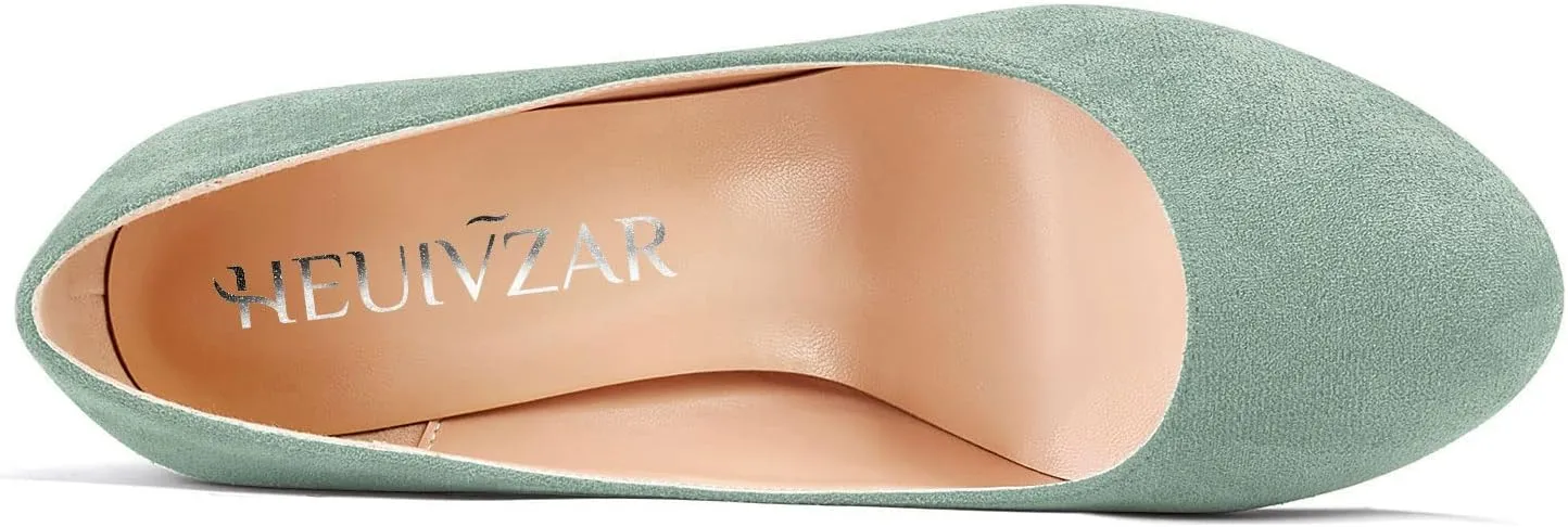 HEUIVZAR Women Pumps Round Toe Block Chunky Mid Heel Slip-on Dress Shoes Suede 3 Inch