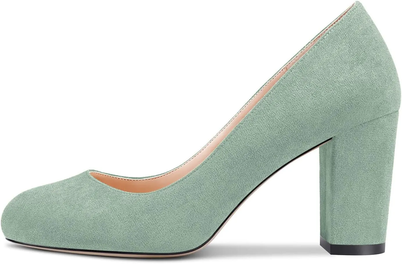 HEUIVZAR Women Pumps Round Toe Block Chunky Mid Heel Slip-on Dress Shoes Suede 3 Inch