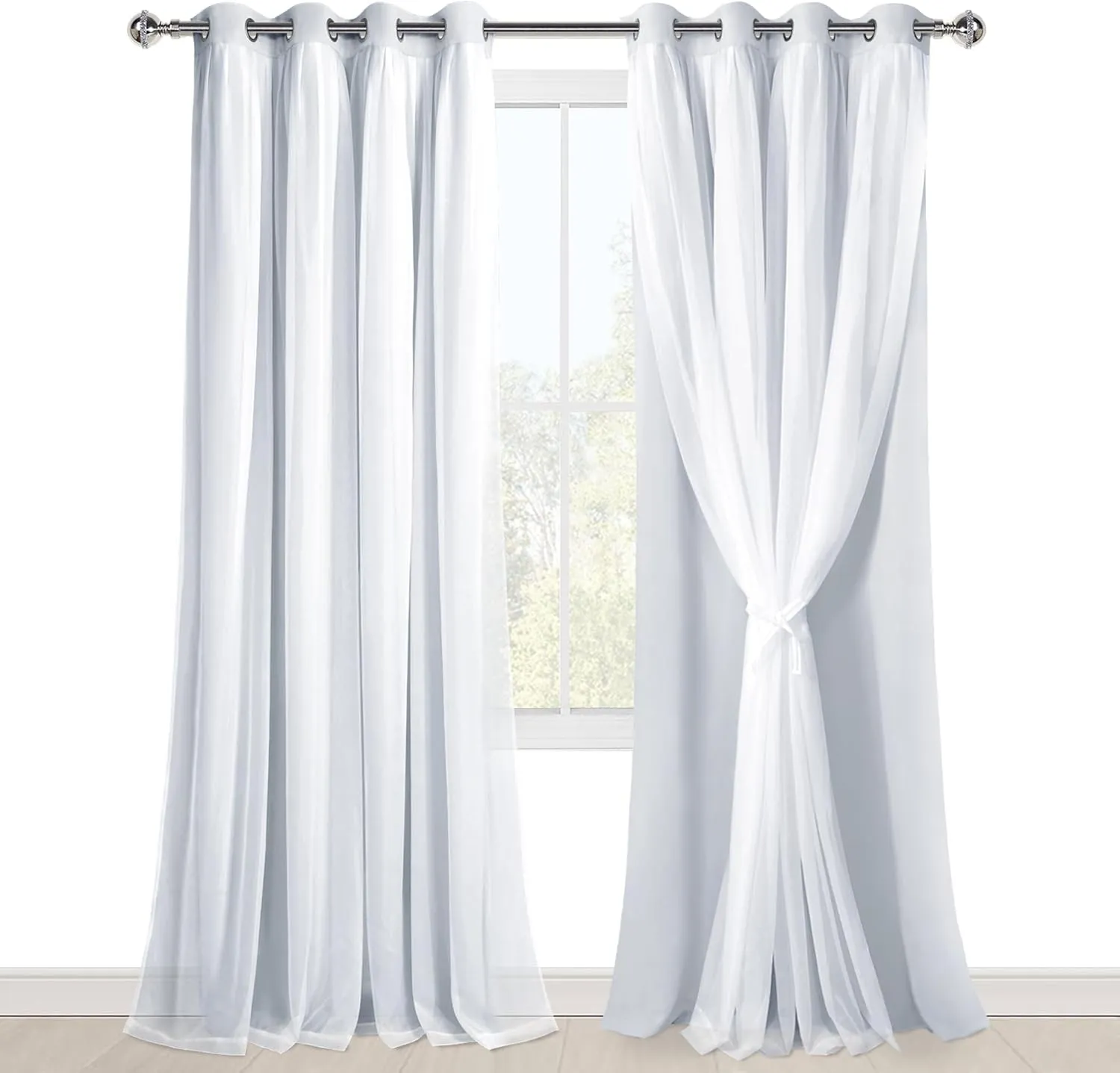 Hiasan Greyish White Blackout Curtains with Sheer, Thermal Insulated Privacy Double Layer Grommet Window Curtains for Bedroom, Living Room, Nursery, 2 Drape Panels with Tiebacks, 52W X 96L
