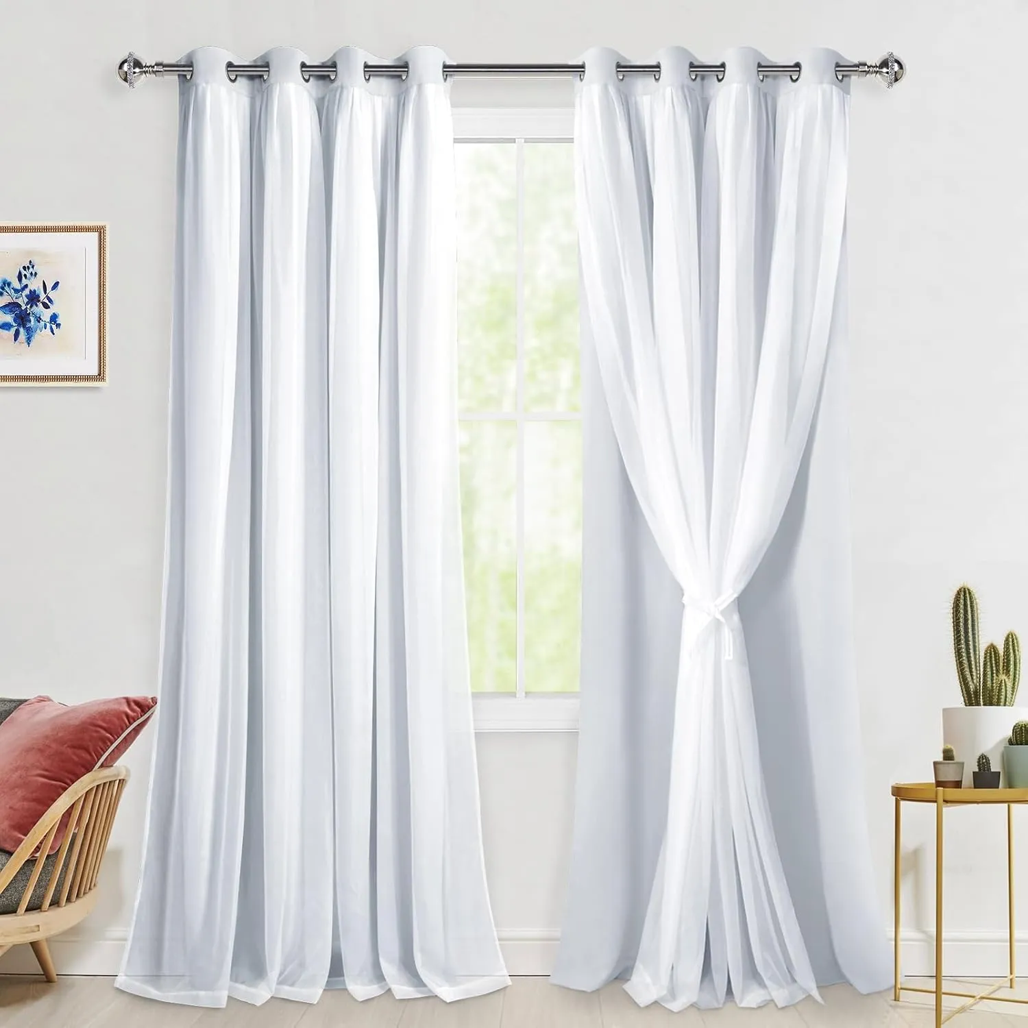 Hiasan Greyish White Blackout Curtains with Sheer, Thermal Insulated Privacy Double Layer Grommet Window Curtains for Bedroom, Living Room, Nursery, 2 Drape Panels with Tiebacks, 52W X 96L