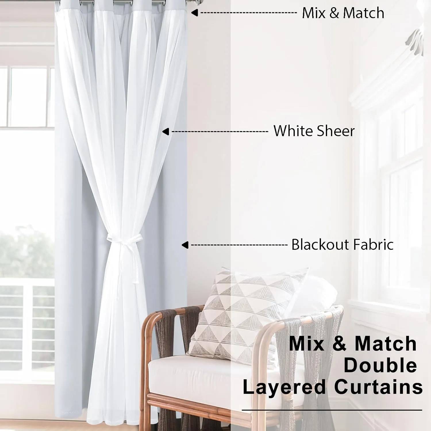 Hiasan Greyish White Blackout Curtains with Sheer, Thermal Insulated Privacy Double Layer Grommet Window Curtains for Bedroom, Living Room, Nursery, 2 Drape Panels with Tiebacks, 52W X 96L