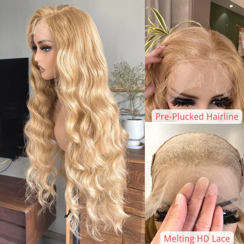 Honey Blonde 13x6 Lace Front Wig 32 Inch Loose Wave Brown Mixed Color Glueless Synthetic Pre Plucked for Black Women HD Lace 150% Density Long