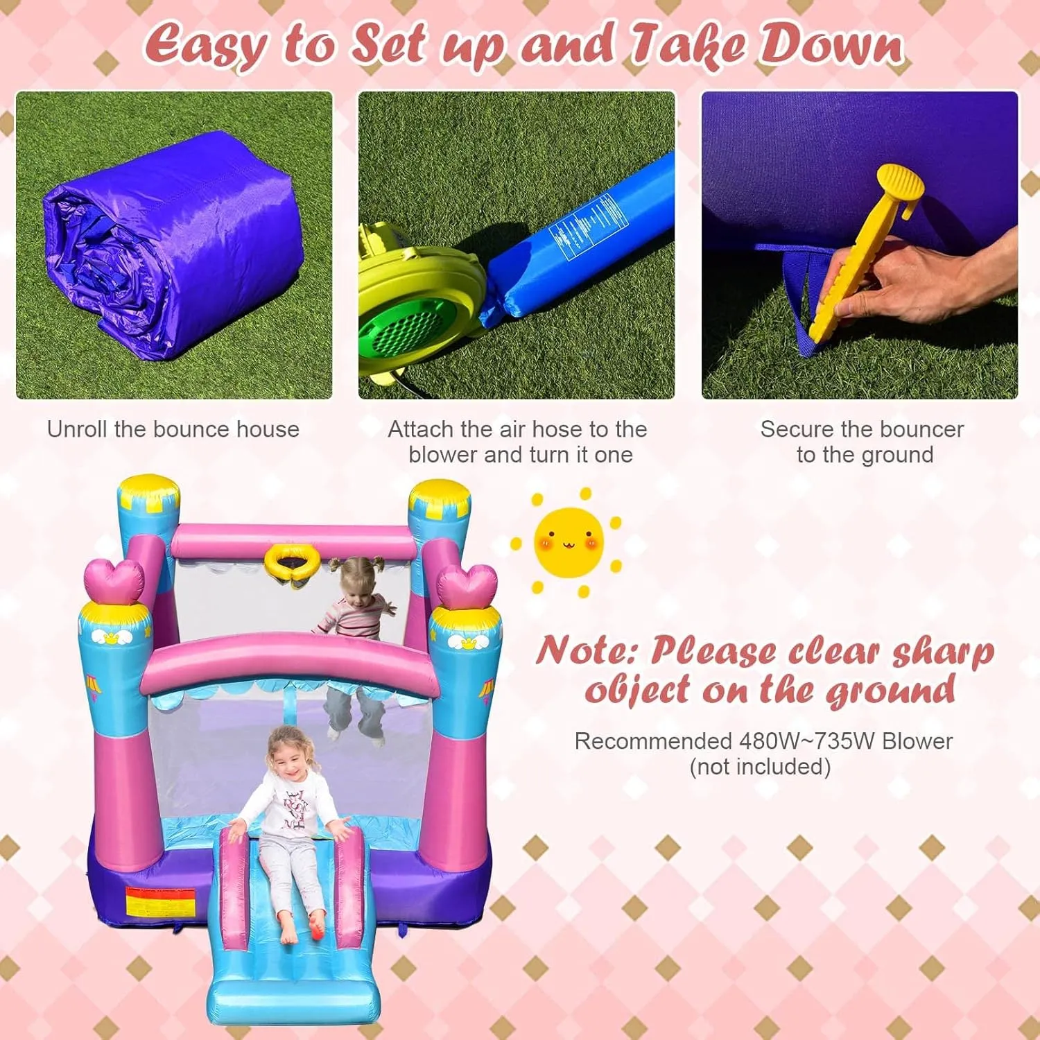 HONEY JOY Inflatable Bounce House, 3-in-1 Princess Themed Jump n’ Slide Bouncy House for Kids w/Blower, Slides, Indoor Outdoor Bouncy Castle for Kids, Gift for Boys Girls(Without Blower)