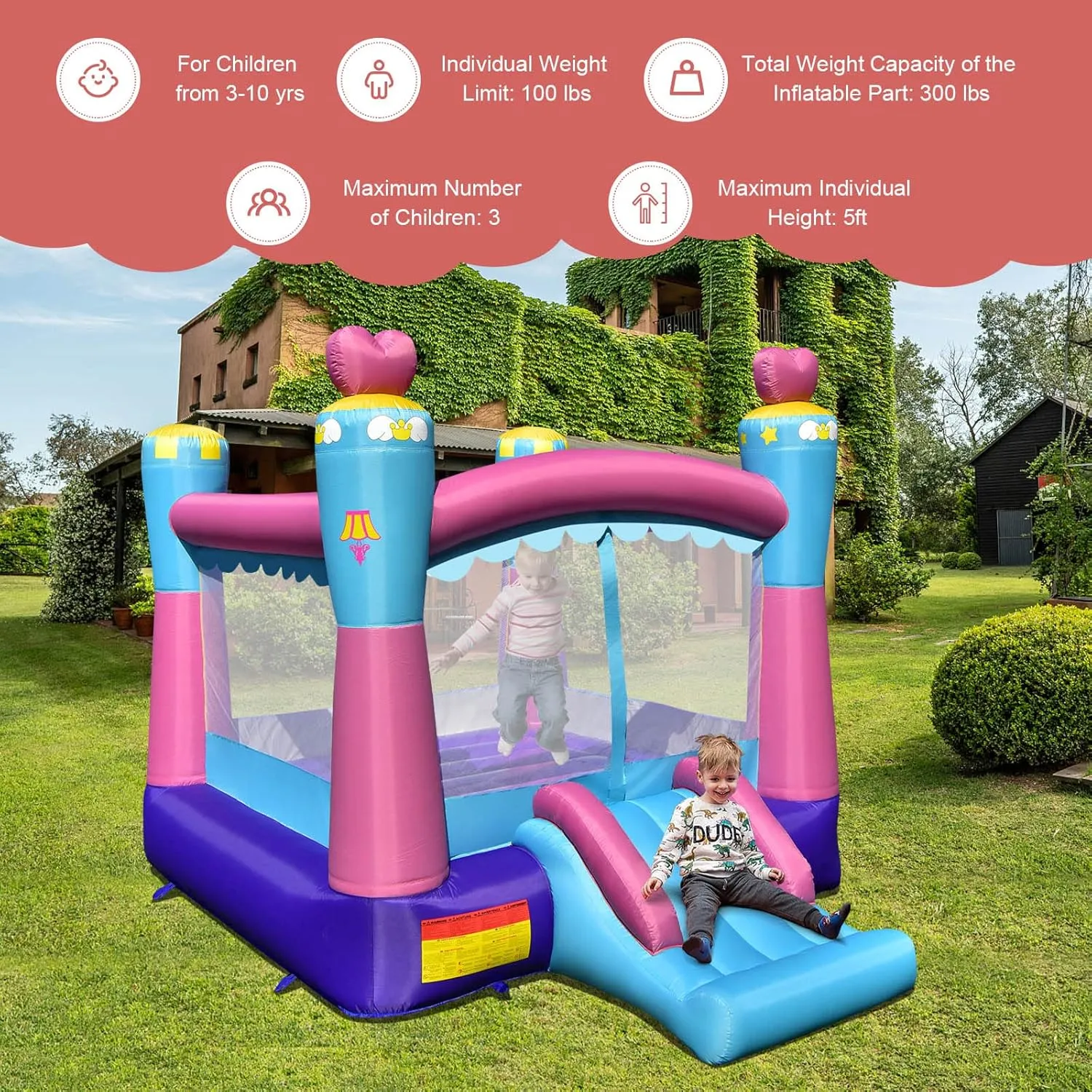 HONEY JOY Inflatable Bounce House, 3-in-1 Princess Themed Jump n’ Slide Bouncy House for Kids w/Blower, Slides, Indoor Outdoor Bouncy Castle for Kids, Gift for Boys Girls(Without Blower)