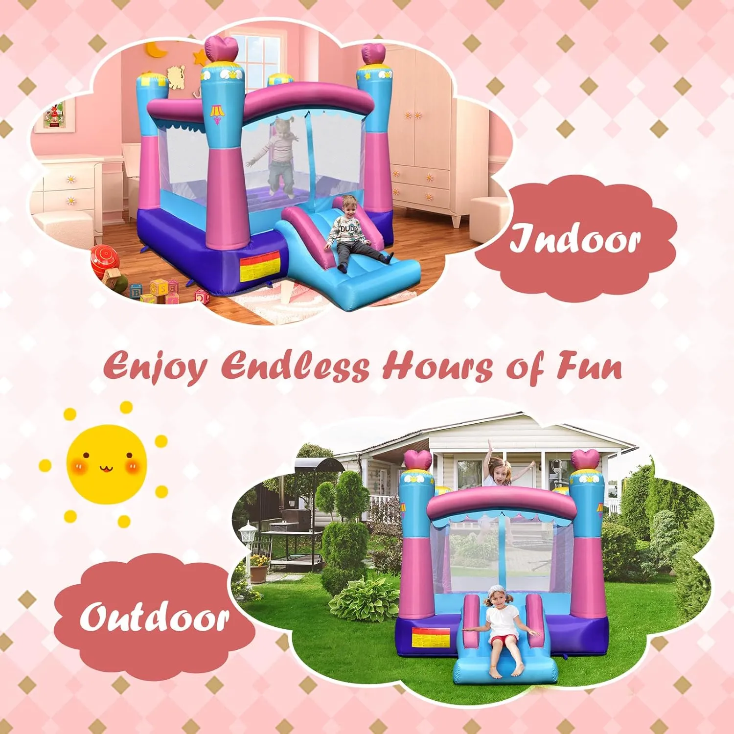 HONEY JOY Inflatable Bounce House, 3-in-1 Princess Themed Jump n’ Slide Bouncy House for Kids w/Blower, Slides, Indoor Outdoor Bouncy Castle for Kids, Gift for Boys Girls(Without Blower)