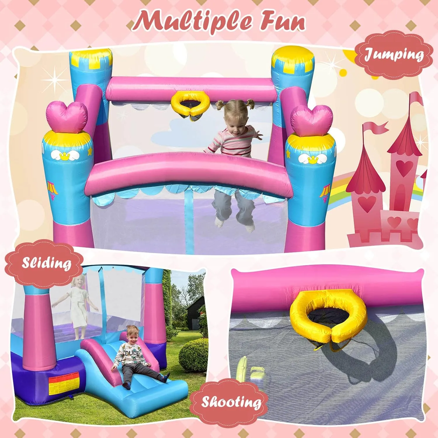 HONEY JOY Inflatable Bounce House, 3-in-1 Princess Themed Jump n’ Slide Bouncy House for Kids w/Blower, Slides, Indoor Outdoor Bouncy Castle for Kids, Gift for Boys Girls(Without Blower)