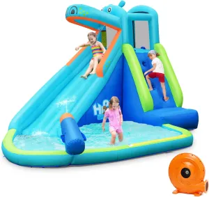 HONEY JOY Inflatable Water Slide, Hippo Theme Blow Up Water Park Bounce House for Backyard, Climbing Wall & Slide, Indoor Outdoor Waterslides Inflatables for Kids and Adults(with 750w Blower)