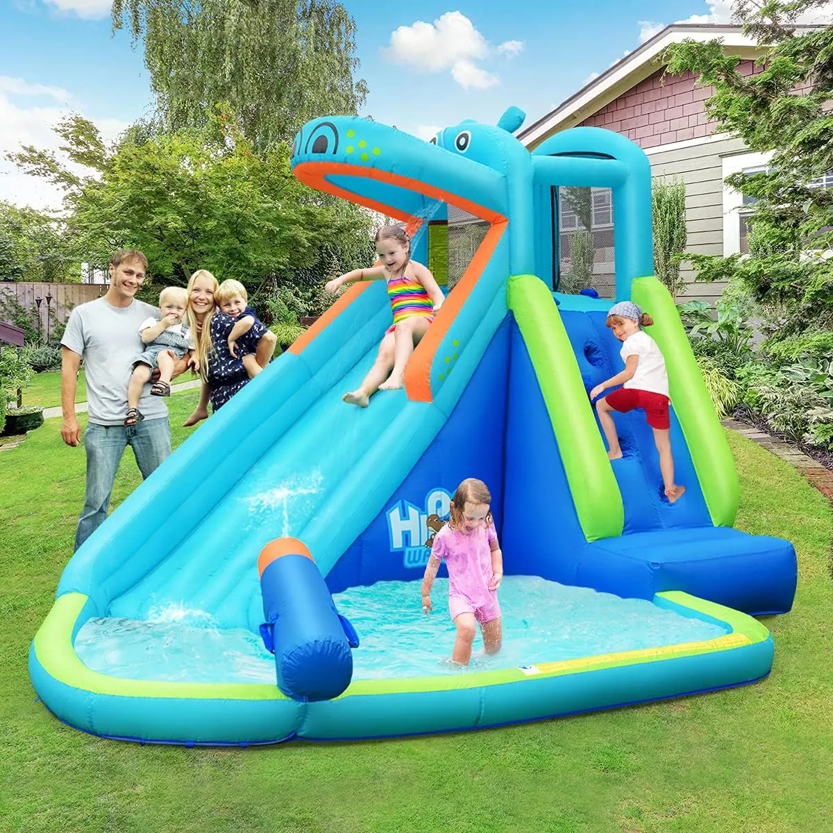 HONEY JOY Inflatable Water Slide, Hippo Theme Blow Up Water Park Bounce House for Backyard, Climbing Wall & Slide, Indoor Outdoor Waterslides Inflatables for Kids and Adults(with 750w Blower)