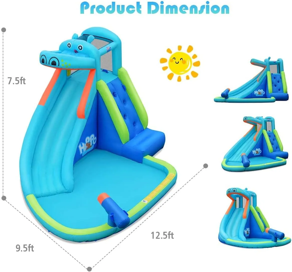 HONEY JOY Inflatable Water Slide, Hippo Theme Blow Up Water Park Bounce House for Backyard, Climbing Wall & Slide, Indoor Outdoor Waterslides Inflatables for Kids and Adults(with 750w Blower)