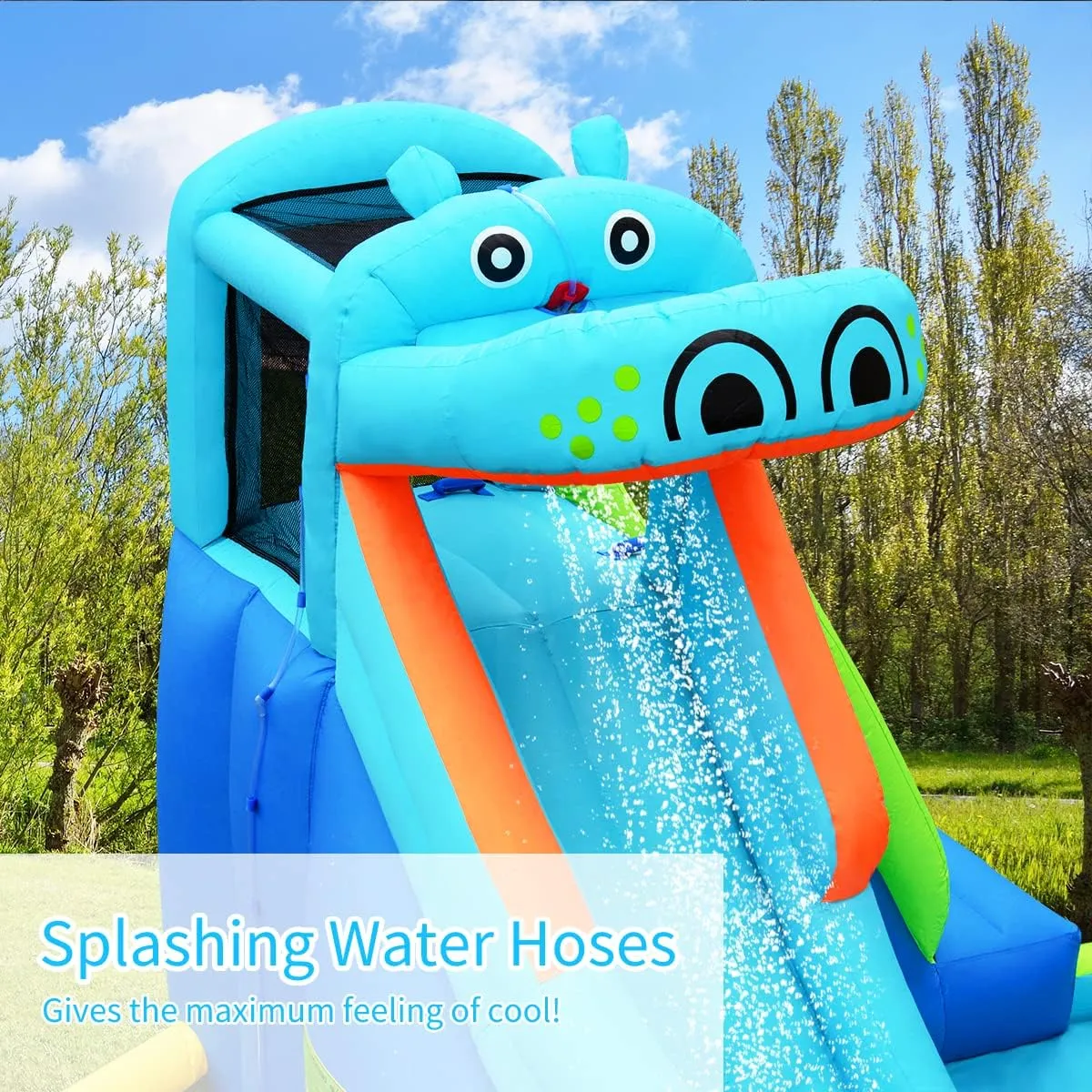 HONEY JOY Inflatable Water Slide, Hippo Theme Blow Up Water Park Bounce House for Backyard, Climbing Wall & Slide, Indoor Outdoor Waterslides Inflatables for Kids and Adults(with 750w Blower)