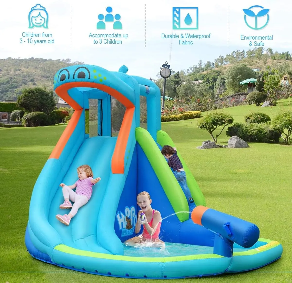 HONEY JOY Inflatable Water Slide, Hippo Theme Blow Up Water Park Bounce House for Backyard, Climbing Wall & Slide, Indoor Outdoor Waterslides Inflatables for Kids and Adults(with 750w Blower)